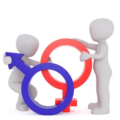 Auf dem Bild zu sehen sind zwei menschliche Figuren in hellgrau, die jeweils ein Symbol f�r m�nnlich und weiblich festhalten. Das Symbol f�r m�nnlich hat die Farbe blau, das Symbol f�r weiblich hat die Farbe rot.