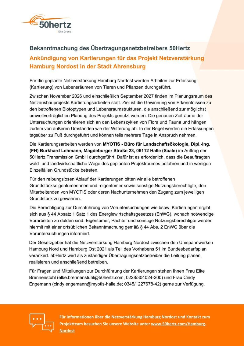 Ank&uuml;ndigung von Kartierungen f&uuml;r das Projekt Netzverst&auml;rkung Hamburg Nordost in der Stadt Ahrensburg